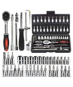 SRLIWHITE 46Pcs 1/4"" Socket Ratchet Wrench Set with Bit Socket Set, Extension Bar Gimbal Slide Bar Extension Sockets Set for Automotive Repair And Home Us (Black)