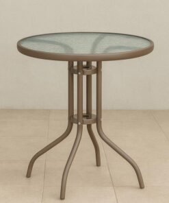 Harmony Home Stylish Round Patio Table with Tempered Glass Top – Durable Rust-Resistant Metal Frame, Weather-Resistant Outdoor Dining & Coffee Table for Garden, Balcony, Deck, Patio & Backyard (Brown)