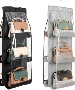 BRXOO Hanging Handbag Purse Organizer | 6 Pocket Dustproof Closet Storage | Foldable & Washable Handbag Holder | Wardrobe Organizer | Space Saving Design (6 Pocket- 2 Pcs-Grey/Black)