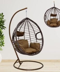 Indoor Outdoor Patio Wicker Hanging Chair Swing Egg Basket Chairs with Stand UV Resistant Cushions 120kg Capacity for Patio Backyard Balcony Color (Brown)