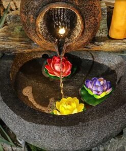 Water Fountain, Polyresin & Fiberglass Waterfall Fountain, Rustic Bamboo & Pot Design Electric Fountain with LED Light, Indoor/Outdoor Freestanding Fountains for Meditation, Event & Home Decor