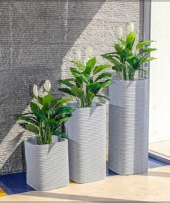 Heavy-Duty Plant Pot, Ribbed Concrete-Look Tall Planter Pot with Drainage Holes, Lightweight & Weather-Resistant Flower Vase Suitable for Succulents, Herbs, Garden Pot for Home Office (Large)