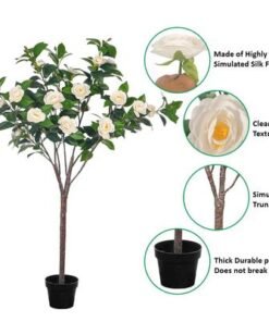 Artificial Camellia Flowering Tree, 4.5ft Faux Plant with Lush Green Leaves & Pot, UV Resistant, Waterproof Fake Flowers Rose, Maintenance-Free Fake Plants for Home Office Event Decor (White)