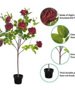 4.2ft Artificial Red Rose Tree, Realistic Silk Flowers with Lush Green Leaves & Pot, UV Resistant, Waterproof & Maintenance-Free Faux Plant, Fake Flowers for Home, Office, Event & Wedding Decor