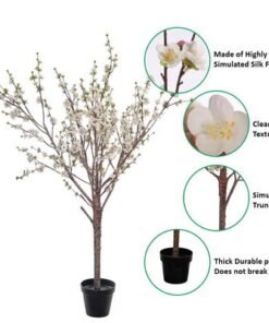 Artificial Cherry Blossom Tree, Realistic Silk Flowers & Delicate Branches Faux Tree, Waterproof, UV Resistant & Maintenance-Free Fake Plants for Home Office Events & Wedd Decor (White, 220cm)
