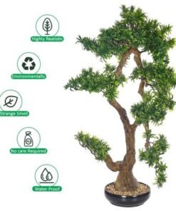 Artificial Bonsai Tree, Realistic Japanese Zen Pine Faux Tree with Green Leaves & Pot, Maintenance-Free & Long Lasting Water-Resistant & Odorless Fake Plant for Home Office Event Decor (105cm)
