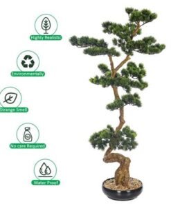 Artificial Bonsai Tree, Realistic Japanese Zen Pine Faux Tree with Green Leaves & Pot, Maintenance-Free & Long Lasting Water-Resistant & Odorless Fake Plant for Home Office Event Decor (115cm)
