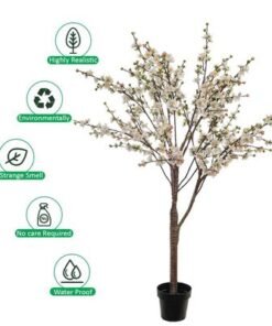 Artificial Cherry Blossom Tree, Realistic Silk Flowers & Delicate Branches Faux Tree, Waterproof, UV Resistant & Maintenance-Free Fake Plants for Home Office Events & Wedd Decor (White, 180cm)