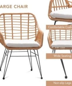 Modern Bistro Design Rattan & Steel Outdoor Dining Table Set with Cushions for Café, Restaurant, Patio, Garden