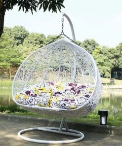 Alternative view of Two Seater Kozaka Hanging Egg Swing Chair Wicker with Stand Outdoor Hammock with Cushion 550lbs for Patio, Garden, and Balcony ( White )