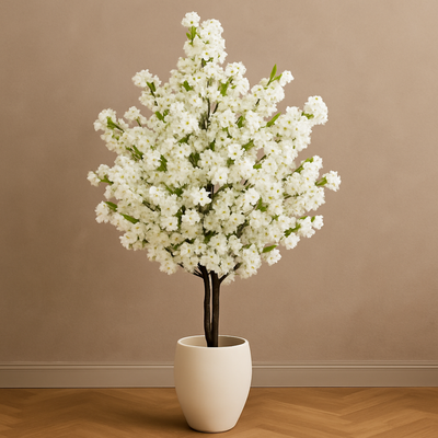 185cm Luxury White Cherry Blossom Artificial Tree Decorative Plant with Natural Wood Trunk (Without Pot) - Image 2