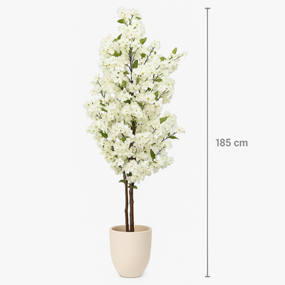 185cm Luxury White Cherry Blossom Artificial Tree Decorative Plant with Natural Wood Trunk (Without Pot)