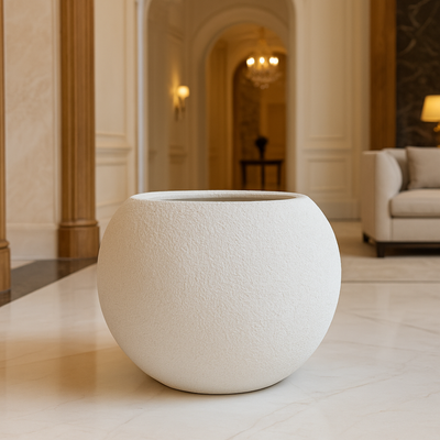 Premium Textured White Fiberglass Planter Pot Round Decorative Indoor & Outdoor Plant Container (Small) - Image 2
