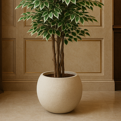 Premium Textured White Fiberglass Planter Pot Round Decorative Indoor & Outdoor Plant Container (Big) - Image 5