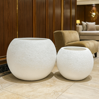 Premium Textured White Fiberglass Planter Pot Round Decorative Indoor & Outdoor Plant Container (Big)