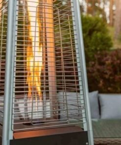 Wooden Twist Pyramid Gas Heater with Wheels, Outdoor Heating Solution with Adjustable Flame (Silver)