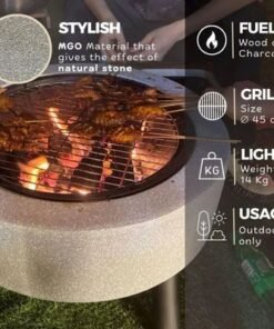 MGO Round Movable Fuel Wood or Charcoal with BBQ Grill Outdoor Firepit Durable and Portable for Backyard, Patio & Garden (Light Grey) - Image 4