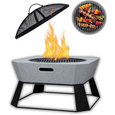 Fire Poker Square Outdoor Firepit MGO with BBQ Grill, Durable Charcoal or Wood-Burning for Backyard, Patio & Garden (Light Grey) - Image 2