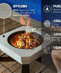 Fire Poker Square Outdoor Firepit MGO with BBQ Grill, Durable Charcoal or Wood-Burning for Backyard, Patio & Garden (Light Grey) - Image 4