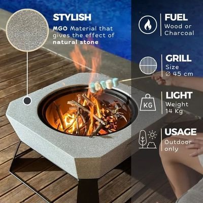 Fire Poker Square Outdoor Firepit MGO with BBQ Grill, Durable Charcoal or Wood-Burning for Backyard, Patio & Garden (Light Grey) - Image 4