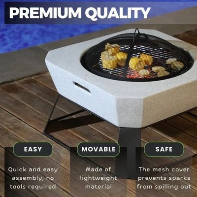 Fire Poker Square Outdoor Firepit MGO with BBQ Grill, Durable Charcoal or Wood-Burning for Backyard, Patio & Garden (Light Grey) - Image 5