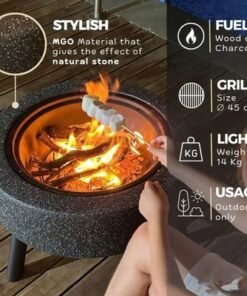 MGO Round Movable Fuel Wood or Charcoal with BBQ Grill Outdoor Firepit Durable and Portable for Backyard, Patio & Garden (Dark Grey)